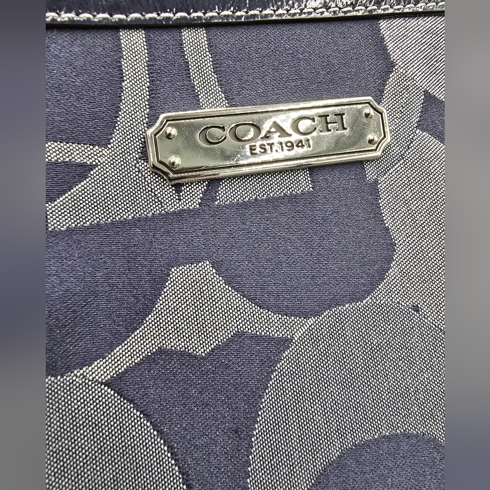 COACH F19664 Gallery Optic Sig Tote Shoulder Bag Navy Blue Jacquard Leather Trim - Picture 4 of 12
